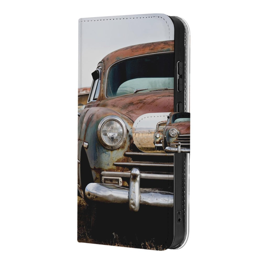 Samsung Galaxy S26 Ultra Portemonnee Hoesje Vintage Auto met Magnetische sluiting Vintage auto zijaanzicht.