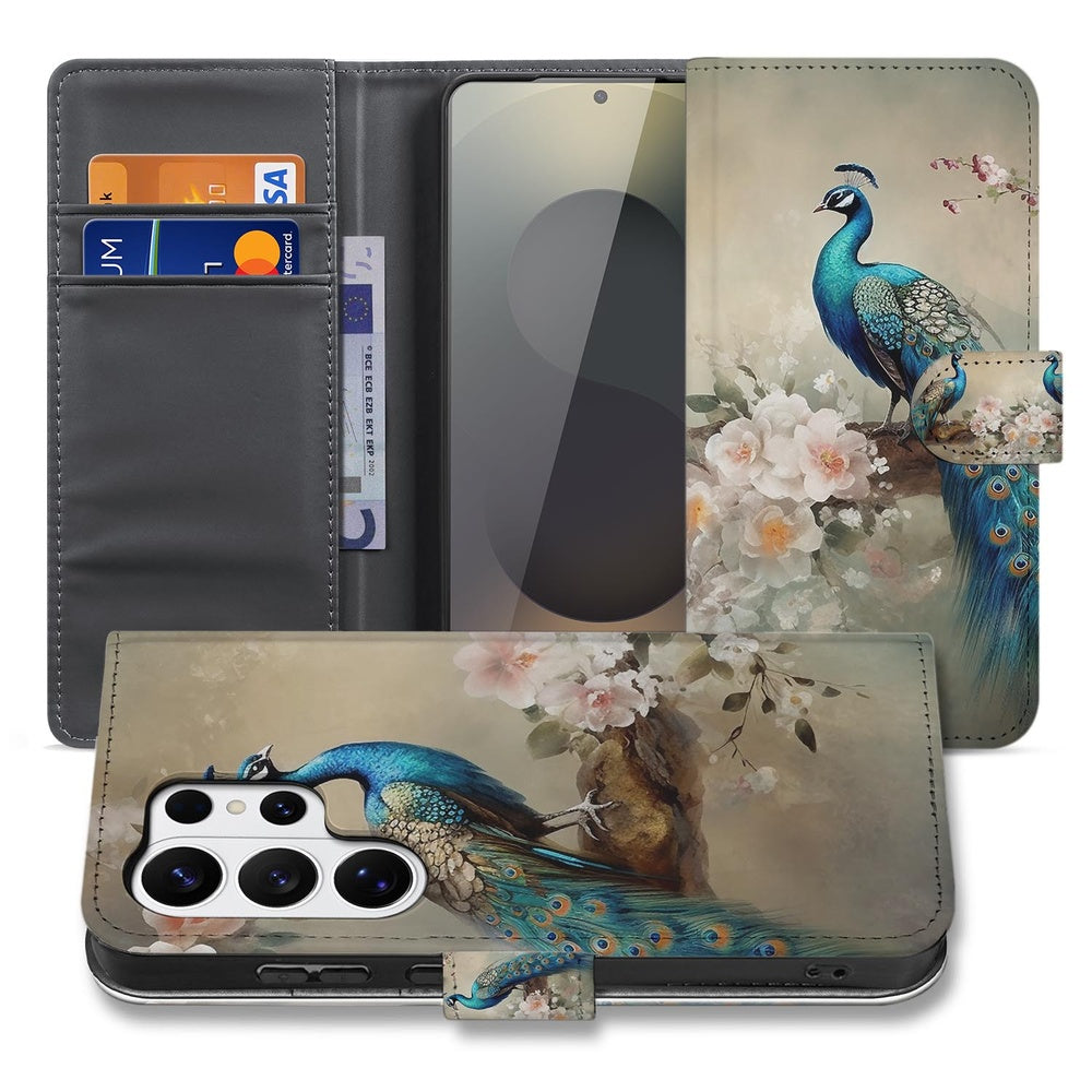 Telefoonhoesje Met Pasjes Vintage Pauw Design Samsung Galaxy S26 Ultra met Pasjeshouder vooraanzicht.