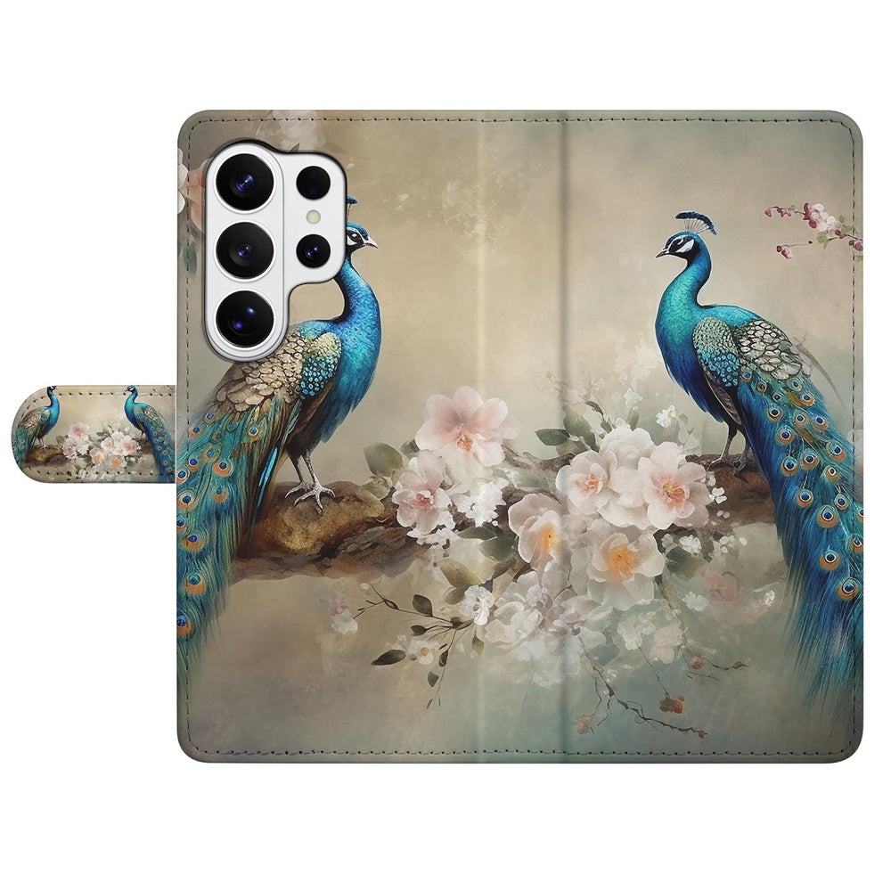 Telefoonhoesje Met Pasjes Vintage Pauw Design Samsung Galaxy S26 Ultra met Pasjeshouder vooraanzicht.