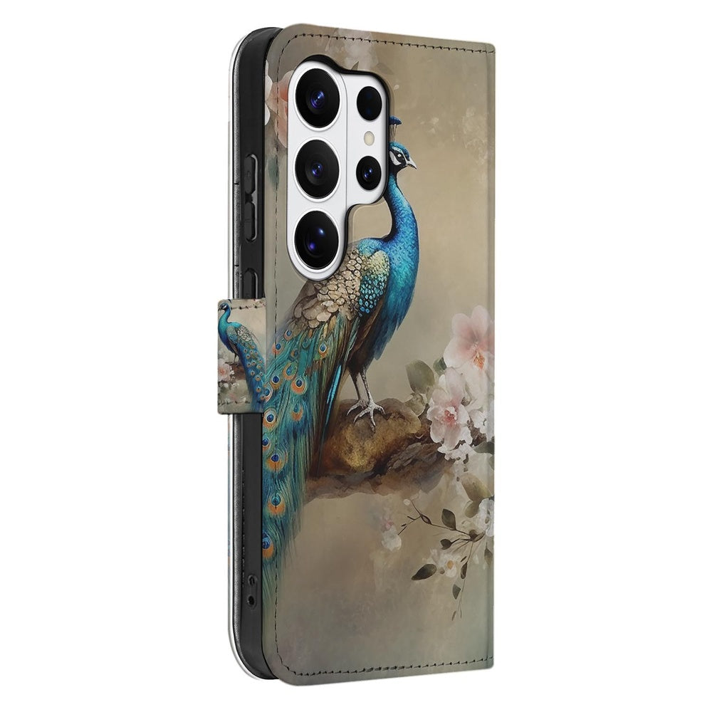 Telefoonhoesje Met Pasjes Vintage Pauw Design Samsung Galaxy S26 Ultra met Pasjeshouder vooraanzicht.