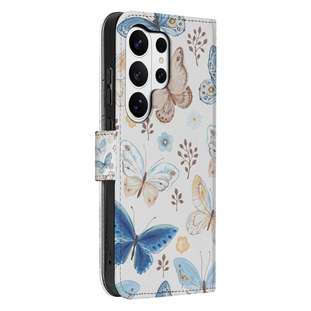Samsung Galaxy S26 Ultra Vlinder Wallet Hoesje Portemonnee Hoesje blauw bruin vlinderpatroon zijaanzicht.