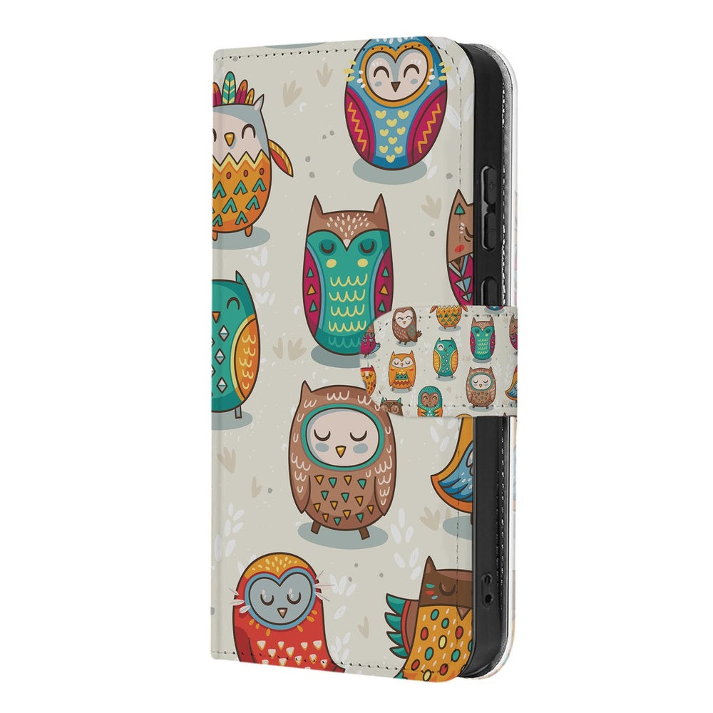 Book Case Samsung Galaxy S26 Ultra Vrolijke Uilen Pasjeshoesje Portemonnee Hoesje voorkant met kleurrijke uilen.