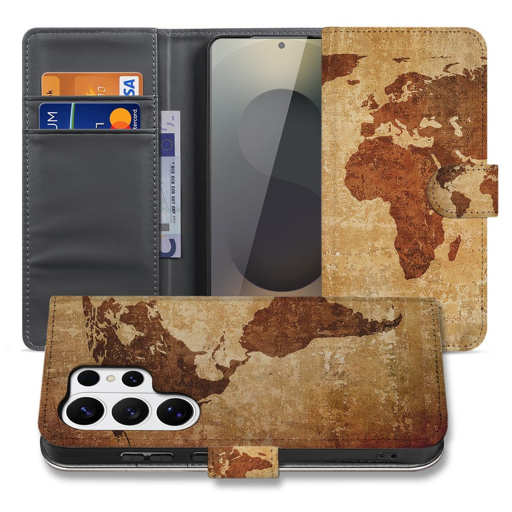 Samsung Galaxy S26 Ultra Hoesje Wereldkaart Portemonnee Hoesje detail van design met wereldkaart print.