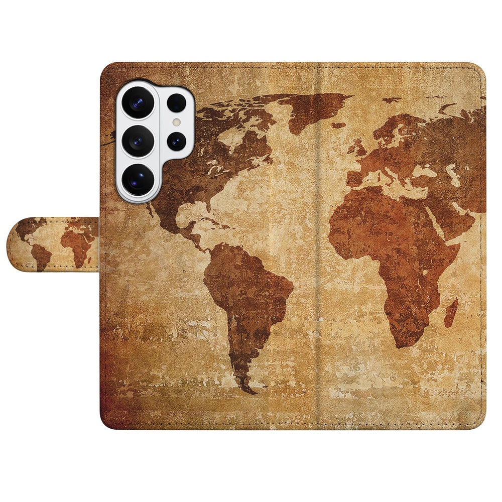 Samsung Galaxy S26 Ultra Hoesje Wereldkaart Portemonnee Hoesje wereldkaart print kunstleer vooraanzicht.