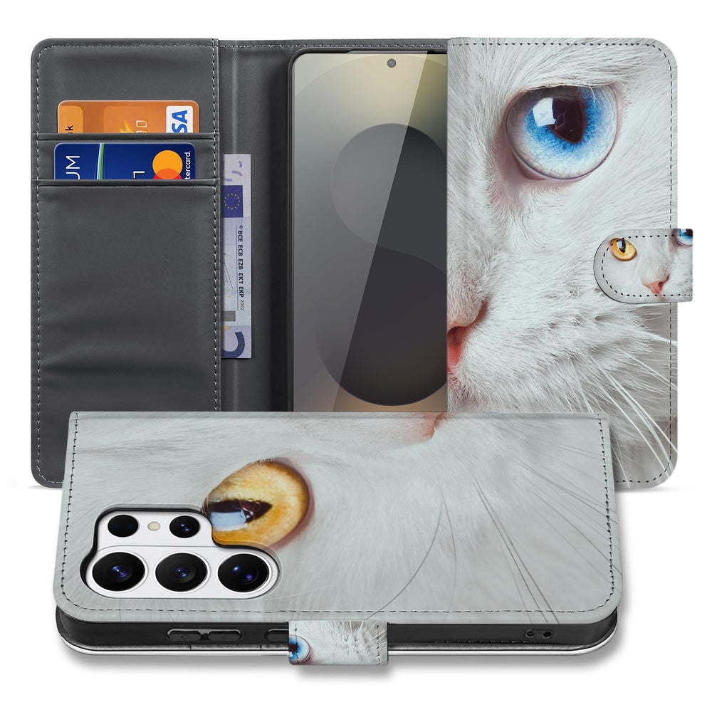 Book Case Samsung Galaxy S26 Ultra Witte Kat Dierenprint met Magnetische sluiting Vooraanzicht.