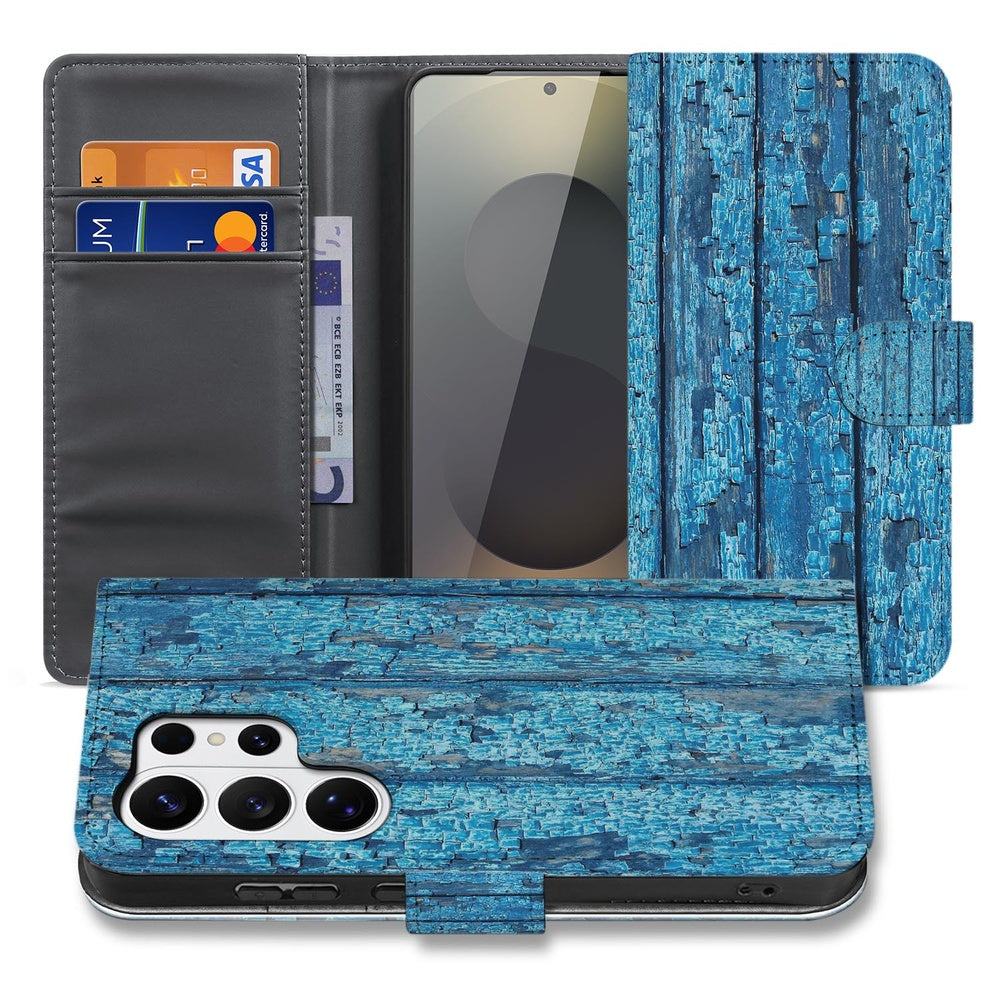 Samsung Galaxy S26 Ultra Book Case Afgebladderd Blauw Hout met Pasjeshouder vooraanzicht.