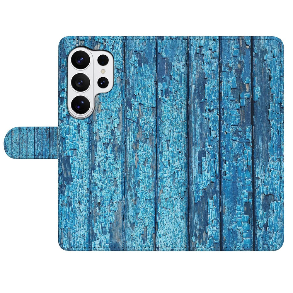 Samsung Galaxy S26 Ultra Book Case Afgebladderd Blauw Hout met Pasjeshouder Vooraanzicht.