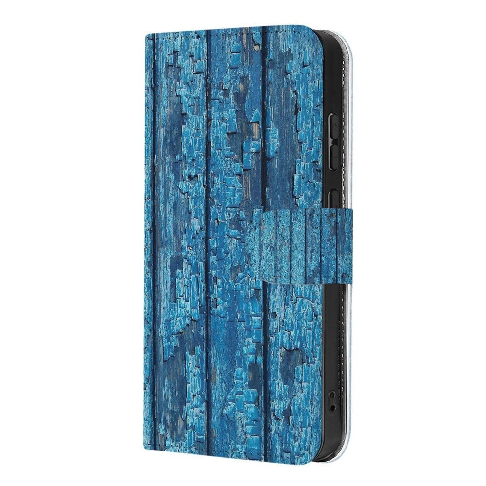 Samsung Galaxy S26 Ultra Book Case Afgebladderd Blauw Hout met Pasjeshouder Vooraanzicht.