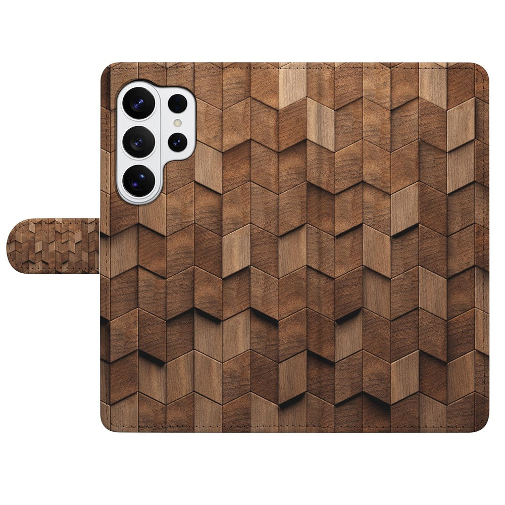 Book Case Samsung Galaxy S26 Ultra Bruin Houtprint Kubusprint met Pasjeshouder Vooraanzicht.