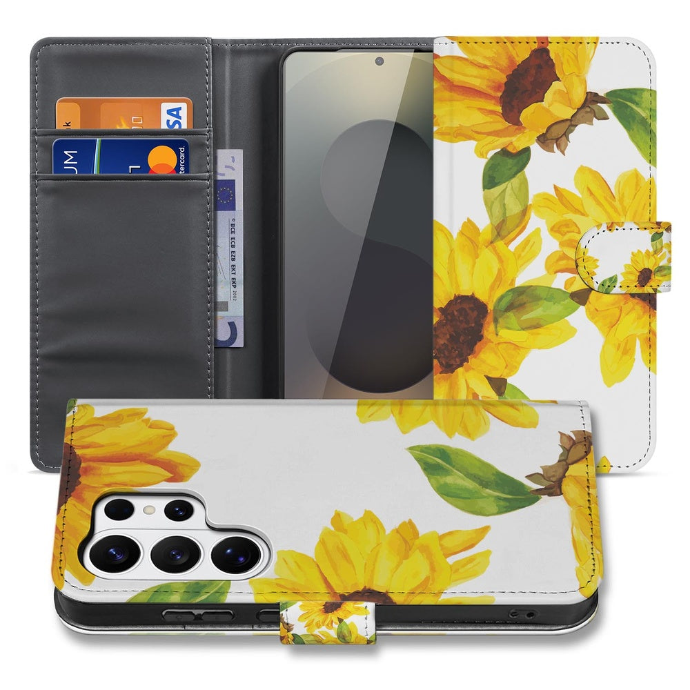 Samsung Galaxy S26 Ultra Hoesje Zonnebloemen Wallet met Magnetische sluiting voorkant detail zonnebloemenprint.