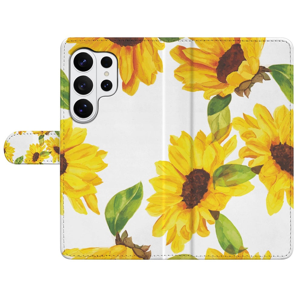 Samsung Galaxy S26 Ultra Hoesje Zonnebloemen Wallet met Magnetische sluiting zonnebloemenprint vooraanzicht.