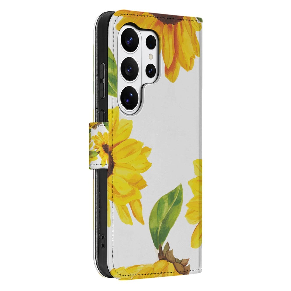 Samsung Galaxy S26 Ultra Hoesje Zonnebloemen Wallet met Magnetische sluiting detail zonnige zonnebloemenprint.