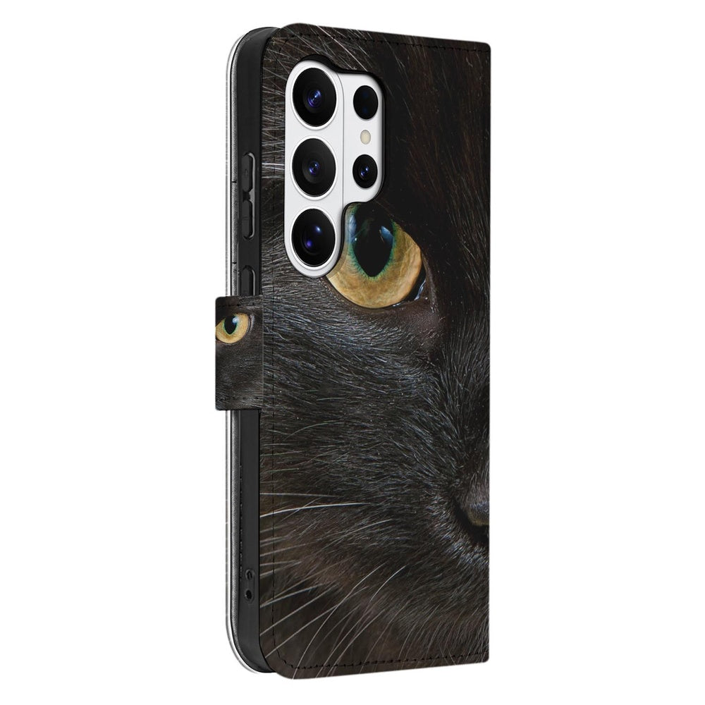 Portemonnee Hoesje Samsung Galaxy S26 Ultra Zwarte Kat met Pasjeshouder zijkant zwart kat detail.