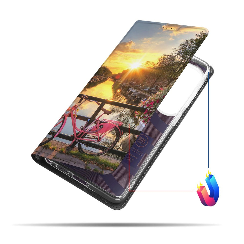 Samsung Galaxy S26 Ultra Telefoonhoesje Amsterdamse Grachten Ontwerp fiets bij zonsondergang Vooraanzicht.
