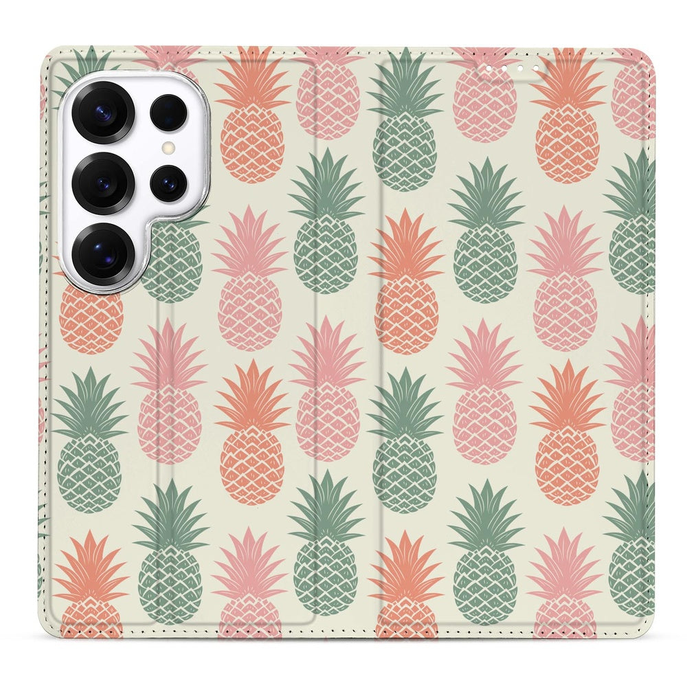 Samsung Galaxy S26 Ultra Book Wallet Case Ananas Ananas ontwerp detail.