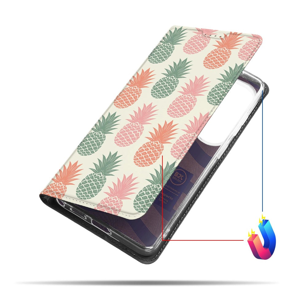 Samsung Galaxy S26 Ultra Book Wallet Case Ananas vooraanzicht met ananasprint op witte achtergrond.