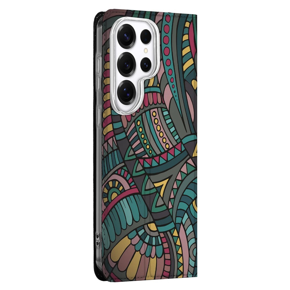 Samsung Galaxy S26 Ultra Book Case Aztec detailweergave van het retro-patroon.