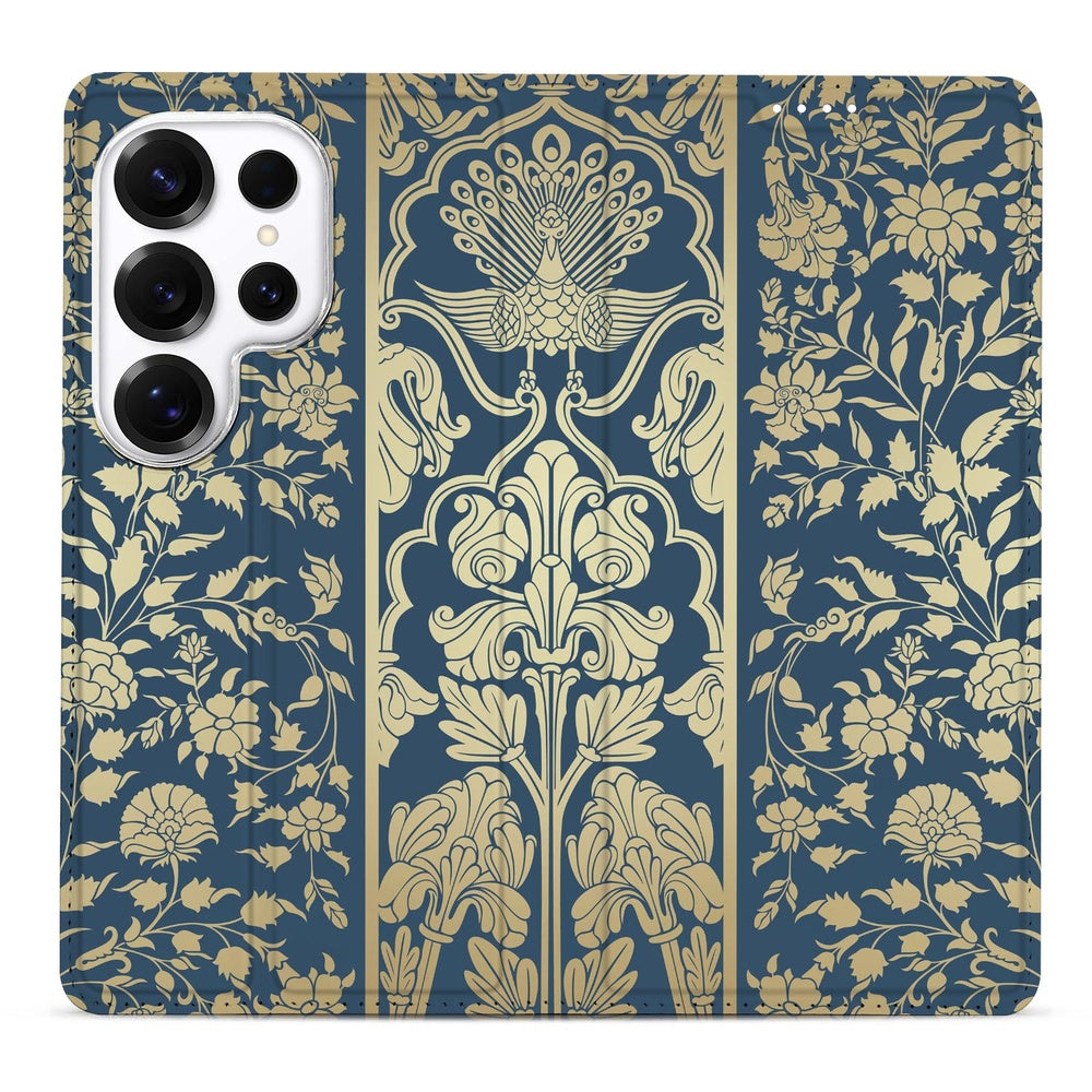 Samsung Galaxy S26 Ultra Bookcase Beige Flowers design met bloemen op donkerblauwe achtergrond detail.