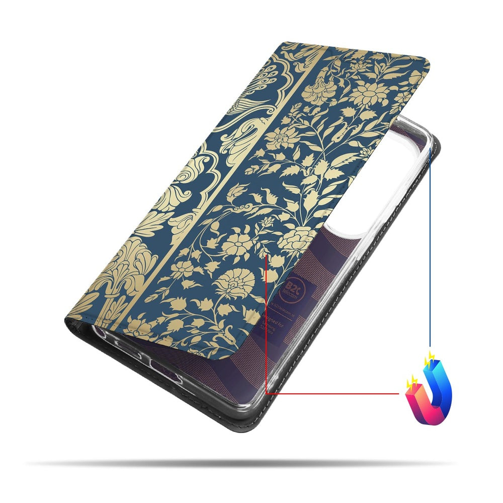 Samsung Galaxy S26 Ultra Bookcase Beige Flowers Beige bloemen design zwart achtergrond vooraanzicht.