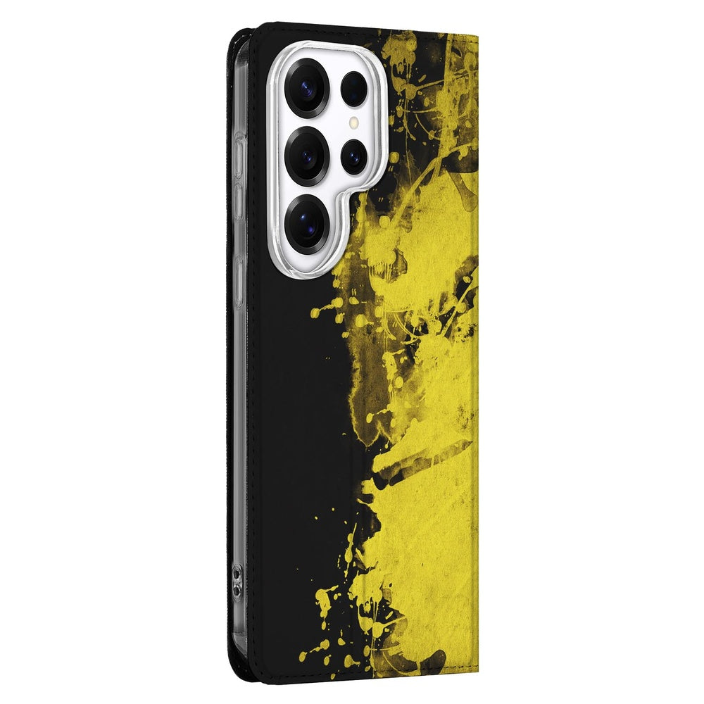 Samsung Galaxy S26 Ultra Telefoonhoesje Belgie Standcase zwart geel print zijaanzicht.