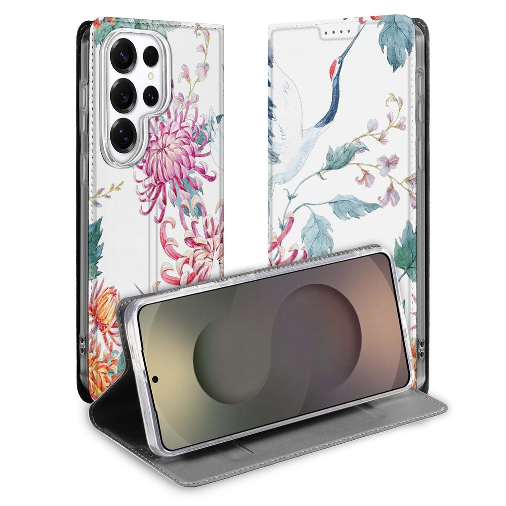 Samsung Galaxy S26 Ultra Flip Style Cover Bird Flowers Vooraanzicht.