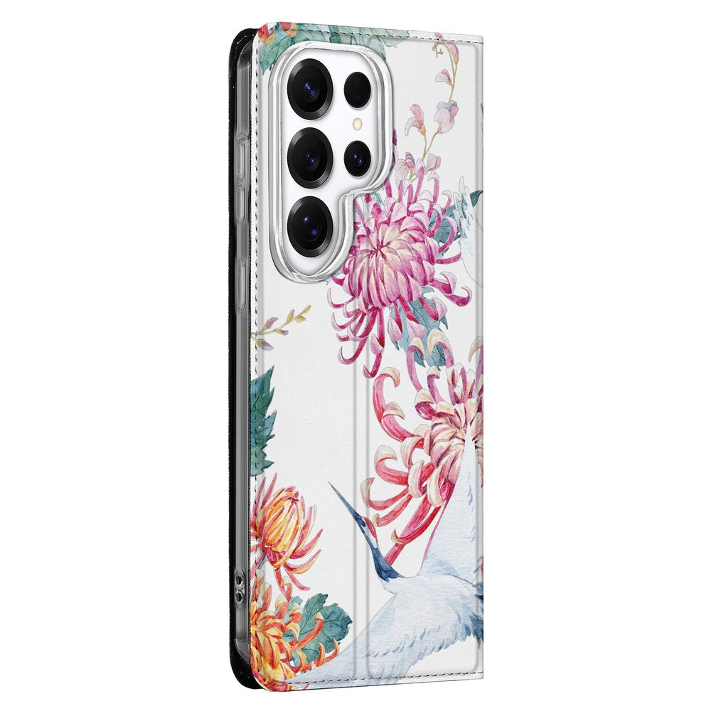 Samsung Galaxy S26 Ultra Flip Style Cover Bird Flowers zijkant met bloemenprint.