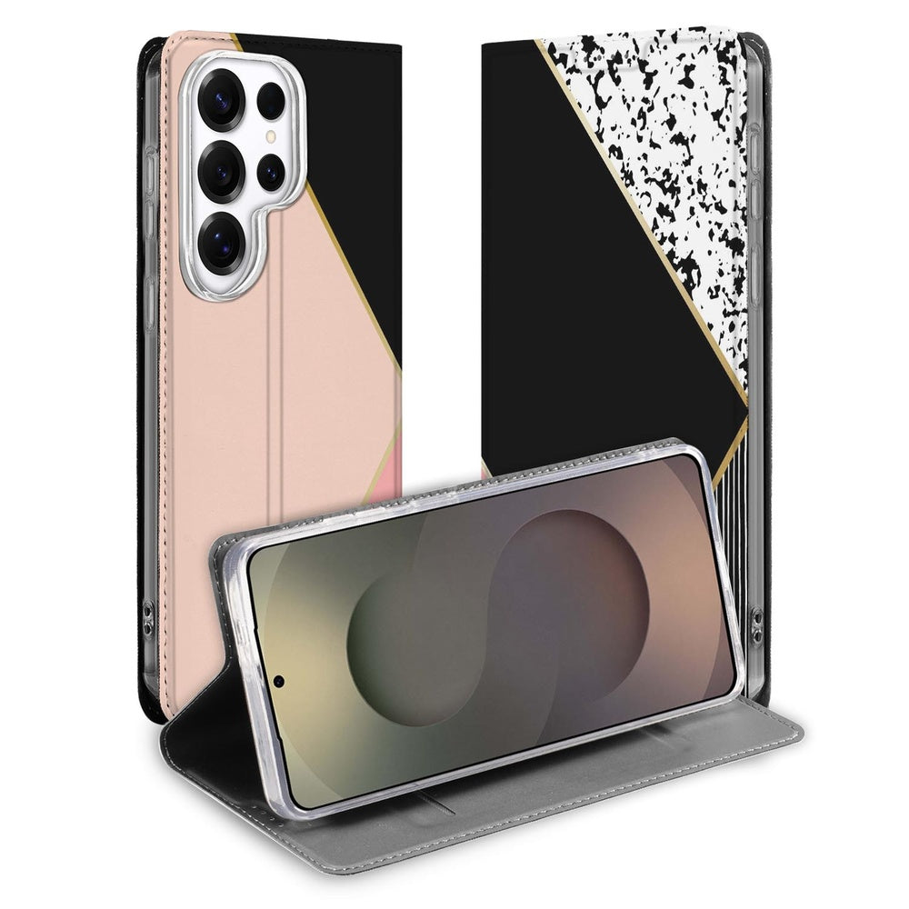 Samsung Galaxy S26 Ultra Book Case Black Pink Shapes Vooraanzicht.