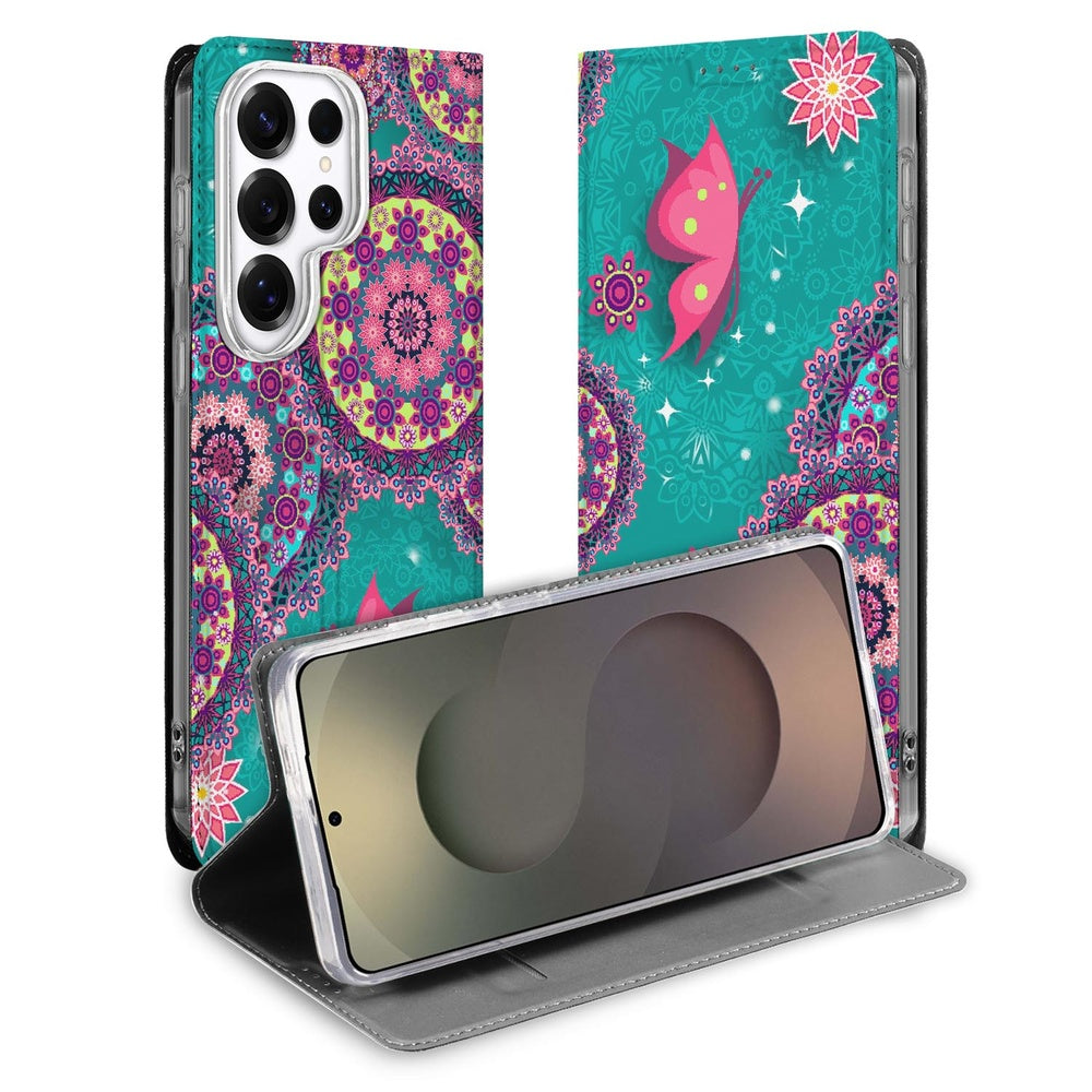 Samsung Galaxy S26 Ultra Smart Cover Hoesje Cirkels en Vlinders Vooraanzicht.