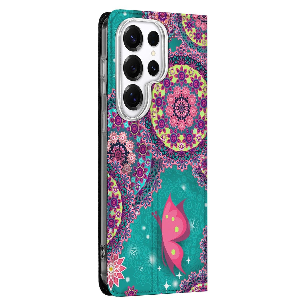 Samsung Galaxy S26 Ultra Smart Cover Hoesje Cirkels en Vlinders Aanzicht zijkant met kleurrijke print.
