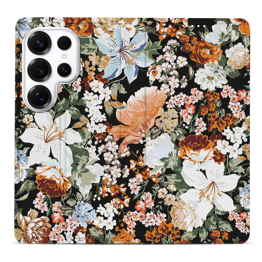Samsung Galaxy S26 Ultra Flip Style Cover Dark Flowers Vooraanzicht.