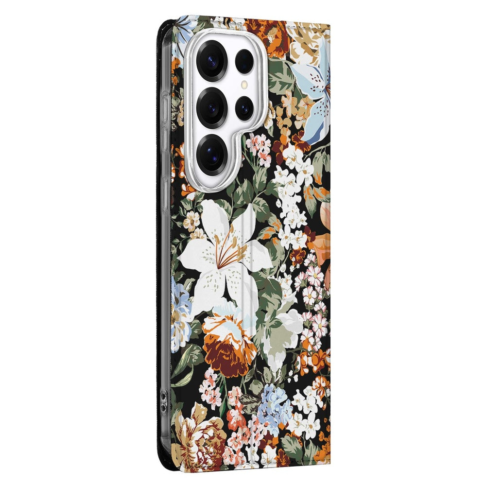 Samsung Galaxy S26 Ultra Flip Style Cover Dark Flowers zijkant met bloemenprint.