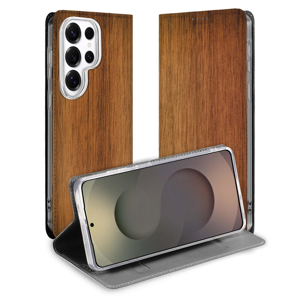 Samsung Galaxy S26 Ultra Smart Cover Hoesje Donker Hout Vooraanzicht.