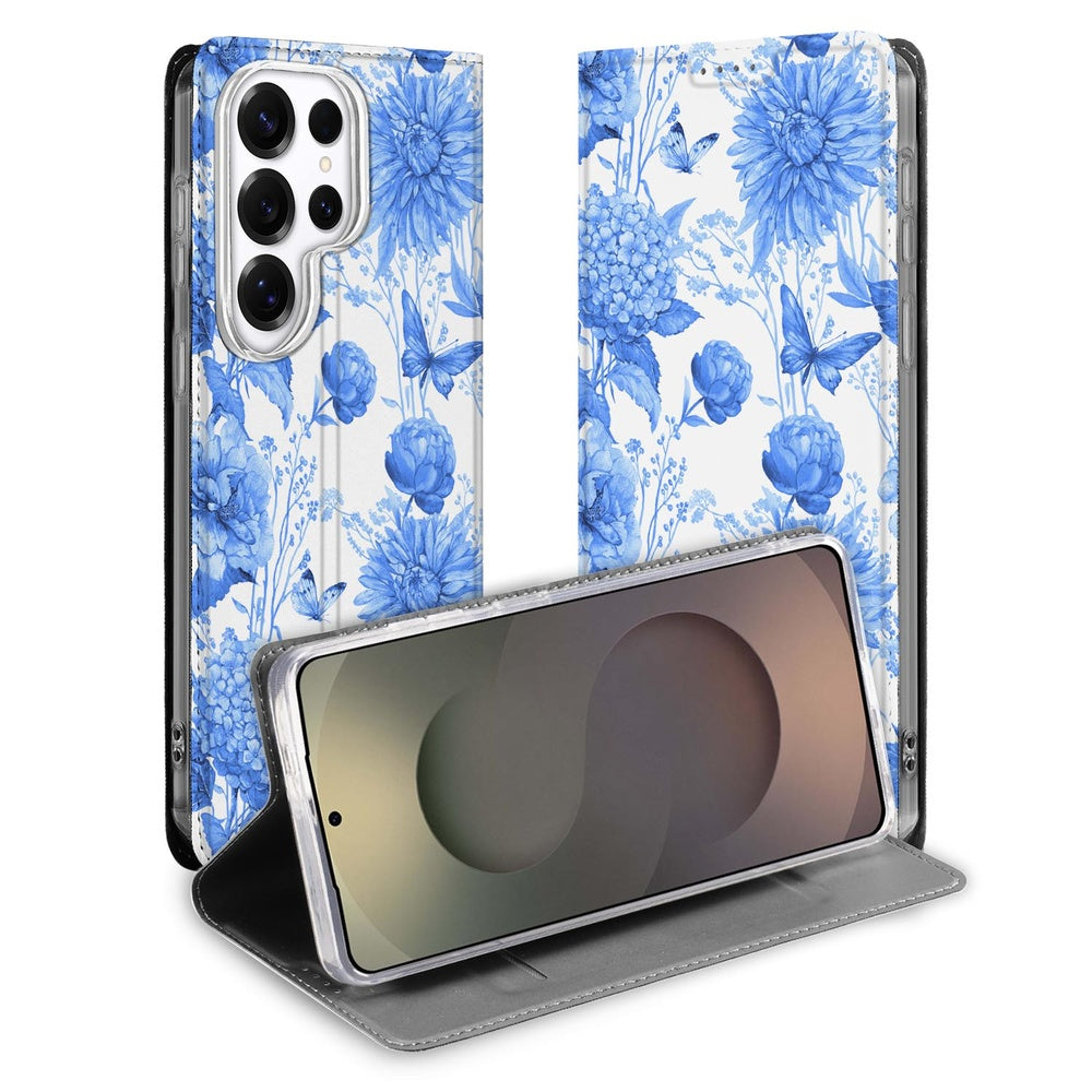Samsung Galaxy S26 Ultra Book Case Flowers Blue Vooraanzicht.