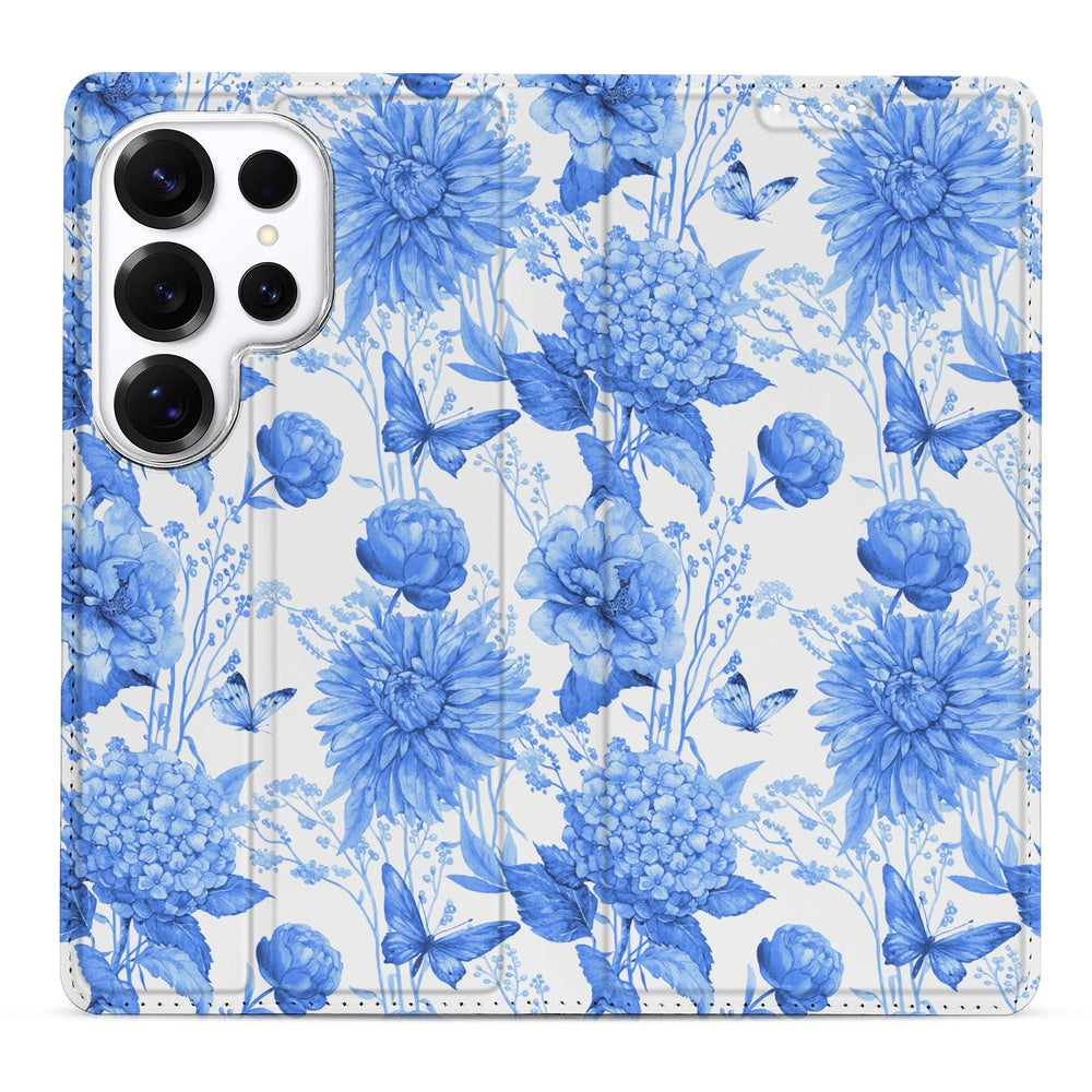 Samsung Galaxy S26 Ultra Book Case Flowers Blue Vooraanzicht.