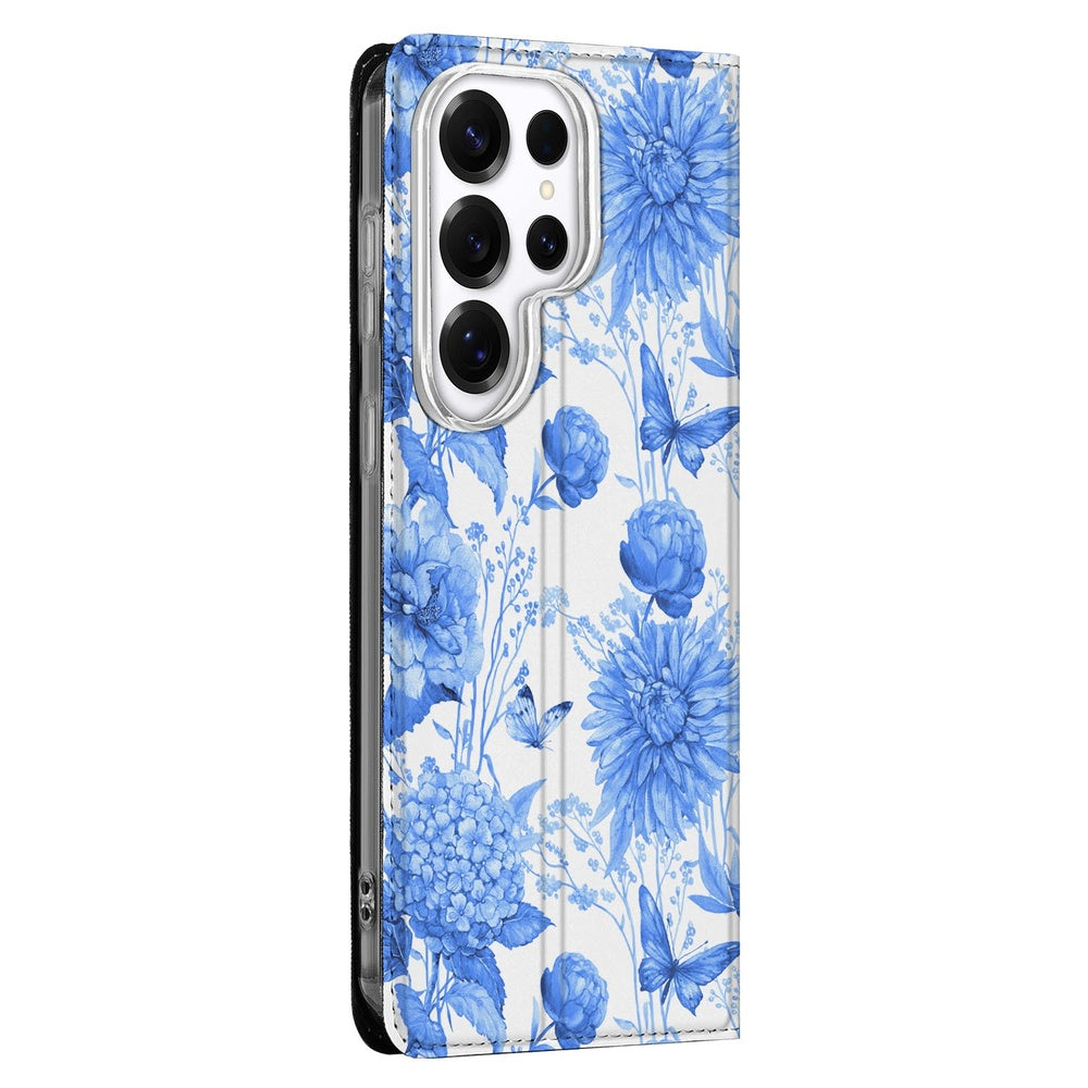 Samsung Galaxy S26 Ultra Book Case Flowers Blue Vooraanzicht.