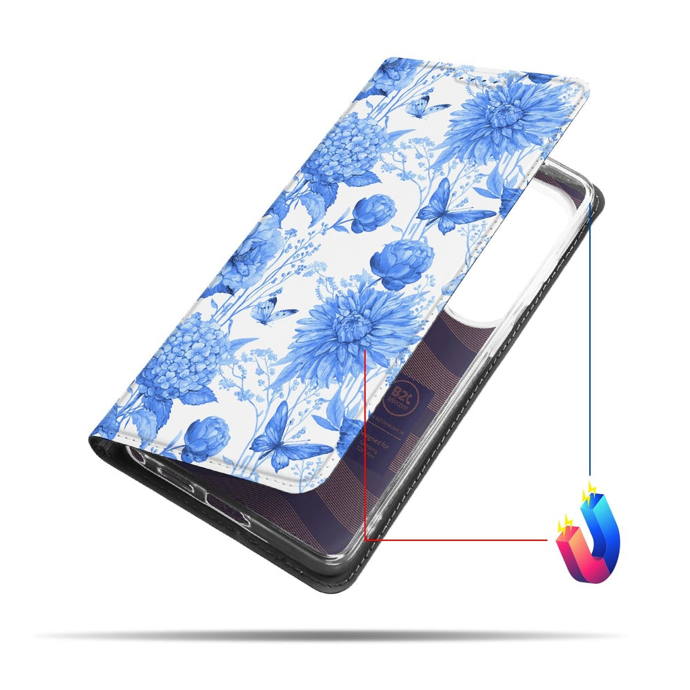 Samsung Galaxy S26 Ultra Book Case Flowers Blue Aanzicht zijaanzicht.