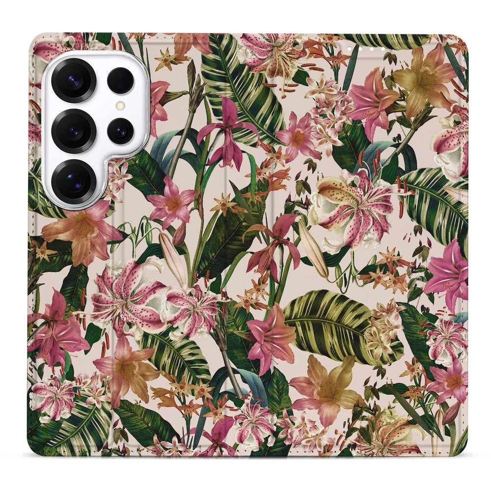 Samsung Galaxy S26 Ultra Book Case Flowers detail bloemen en bladeren ontwerp.