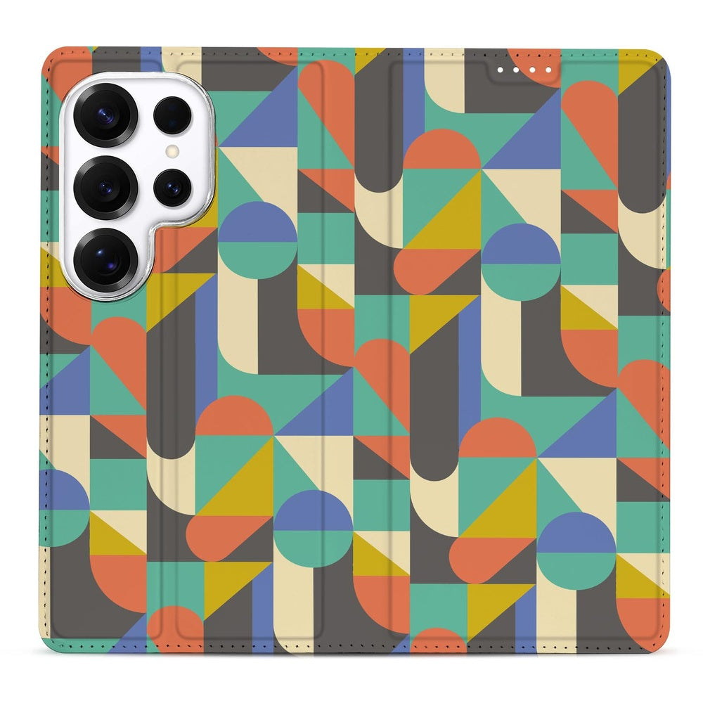 Samsung Galaxy S26 Ultra Book Cover Funky Retro Voorkant kleurrijk geometrisch patroon.