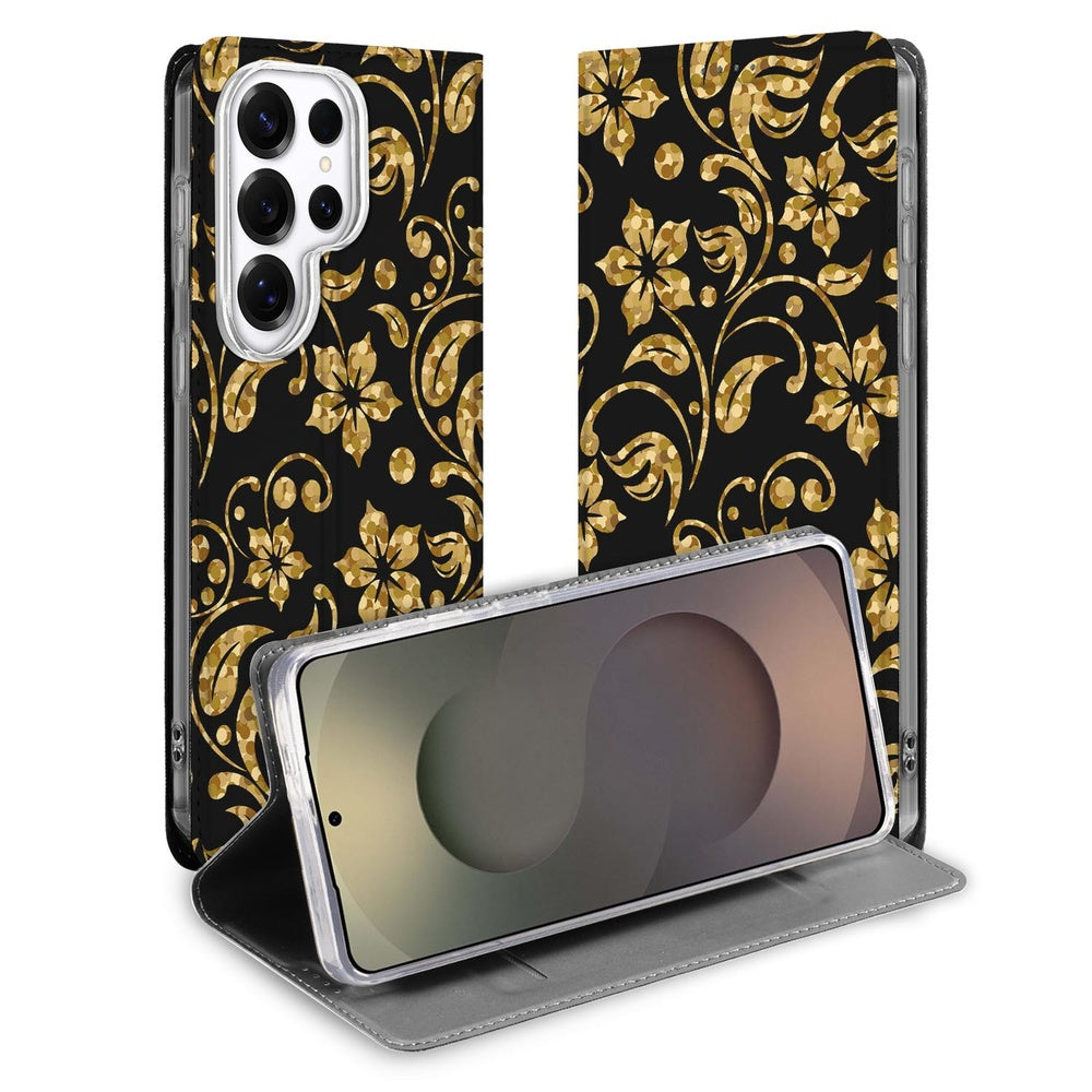 Samsung Galaxy S26 Ultra Book Wallet Case Gouden Bloemen BC Vooraanzicht.