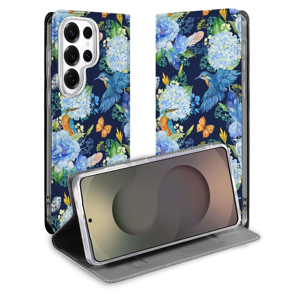 Samsung Galaxy S26 Ultra Book Case IJsvogel bloemenprint vooraanzicht.