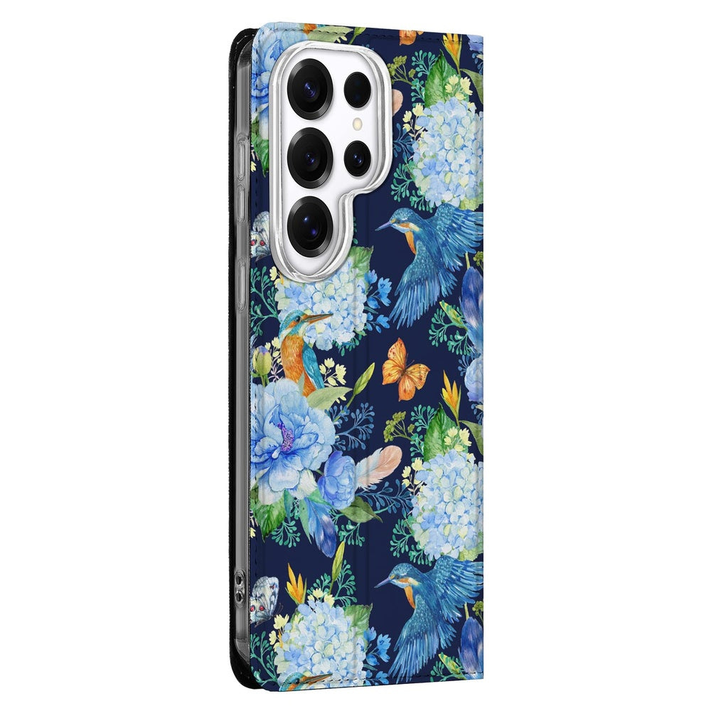 Samsung Galaxy S26 Ultra Book Case IJsvogel bloemen print zijaanzicht.
