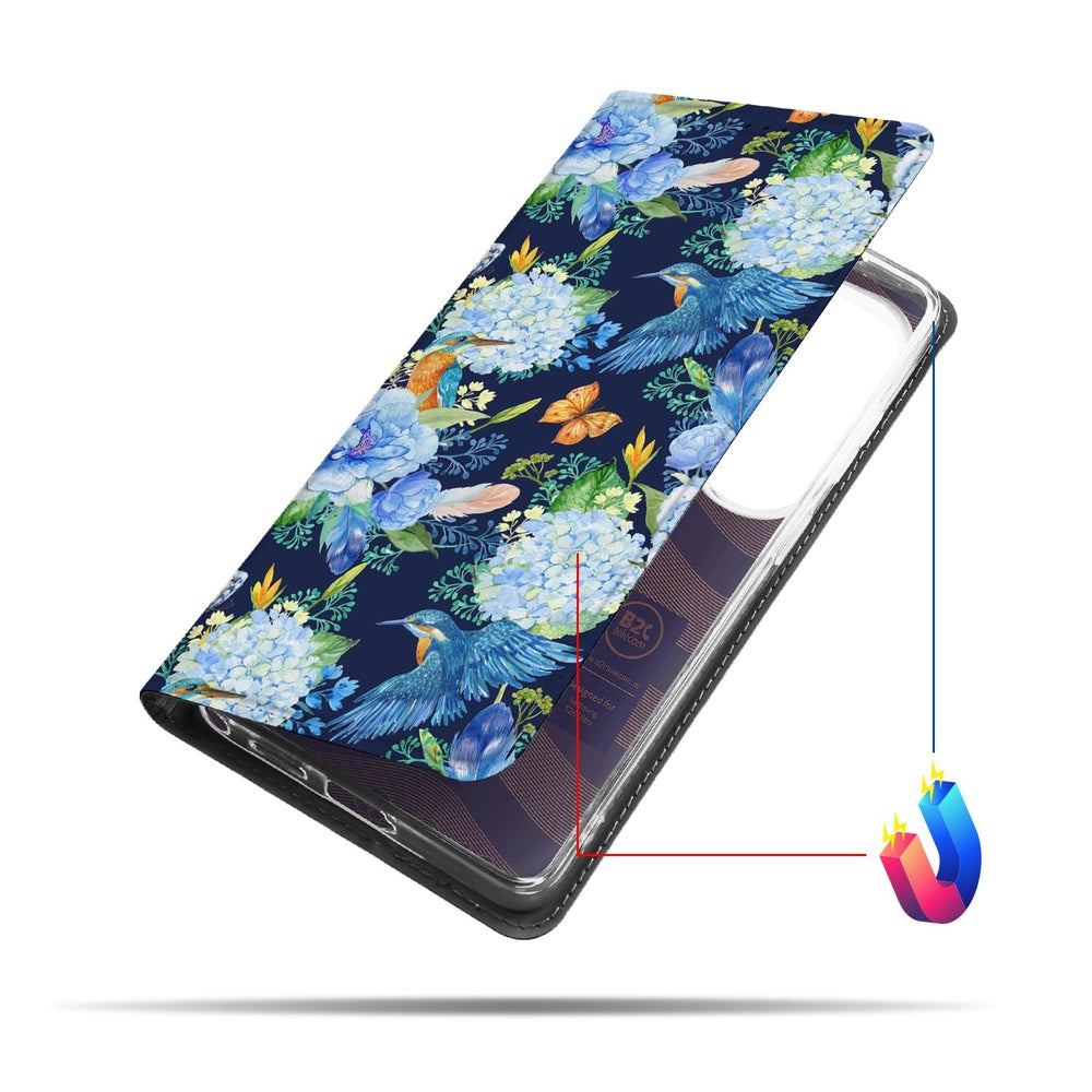 Samsung Galaxy S26 Ultra Book Case IJsvogel print bloemen detail.