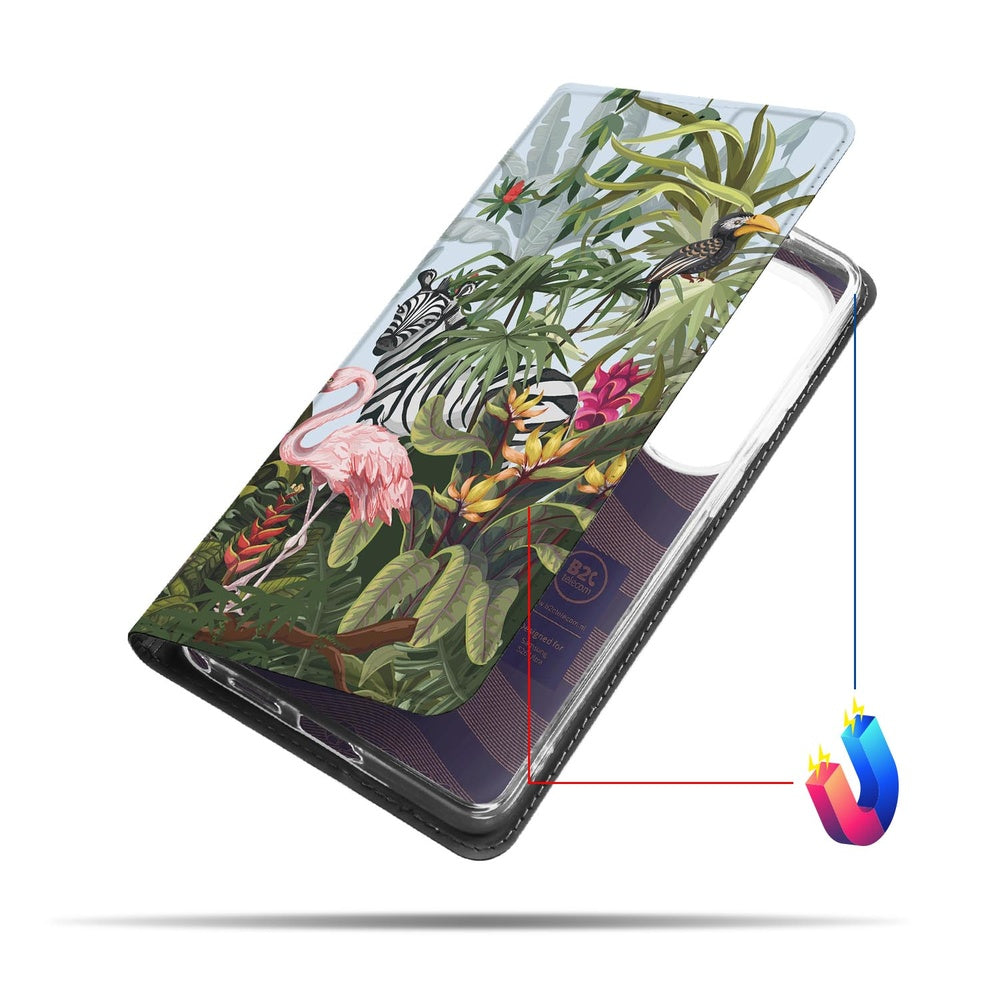 Samsung Galaxy S26 Ultra Book Cover Jungle print zijaanzicht met tropische planten en dieren.