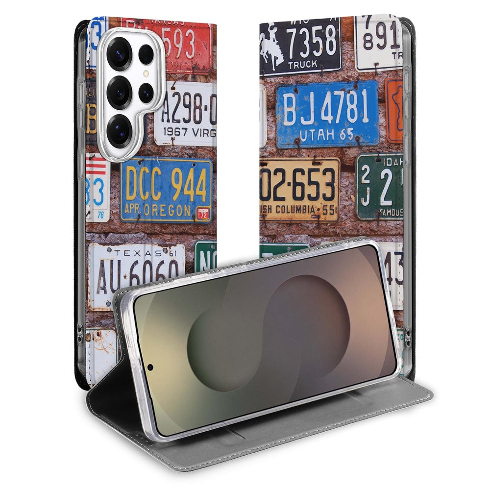 Samsung Galaxy S26 Ultra Bookcase Kentekenplaten Voorkant. Vintage kentekenplaten design. Stand case met unieke print.
