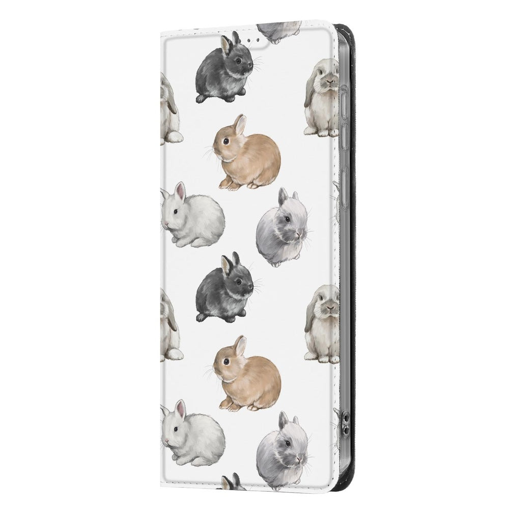 Samsung Galaxy S26 Ultra Telefoonhoesje Konijntjes zijaanzicht met gestileerde konijnen op een witte achtergrond.