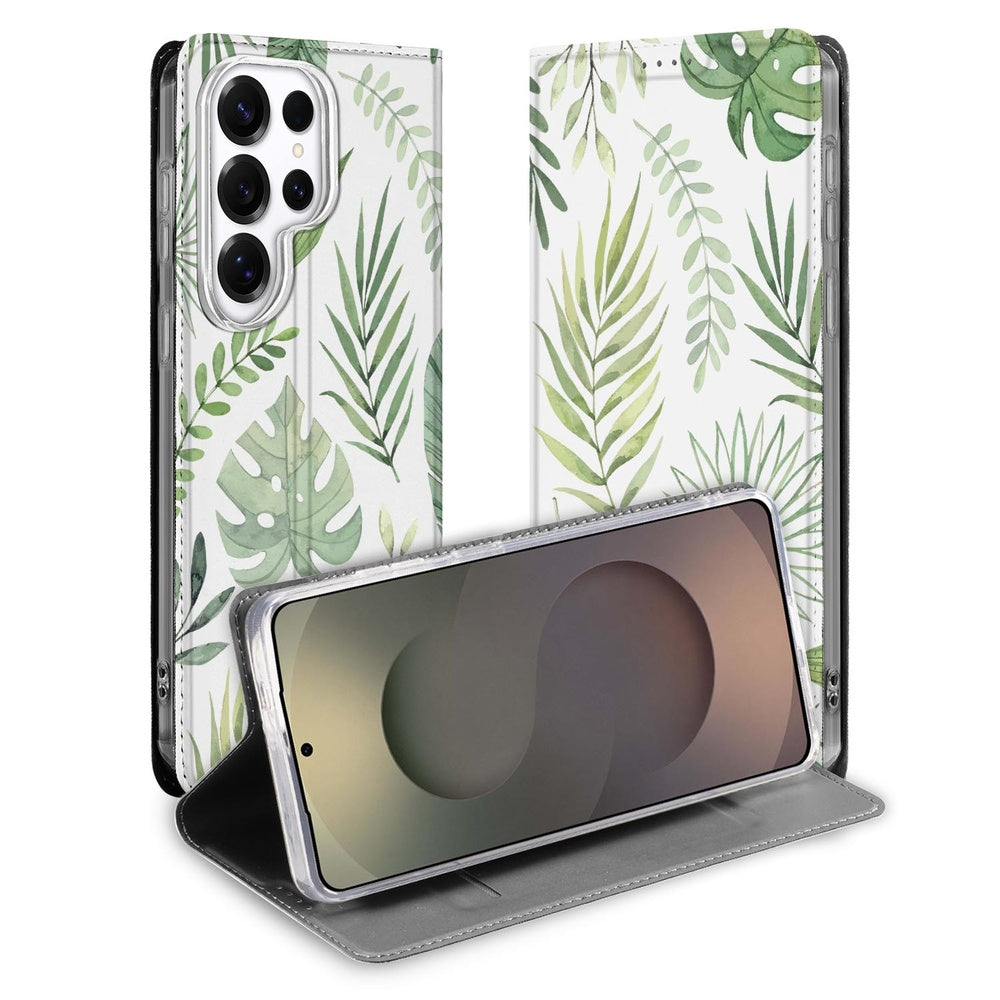 Samsung Galaxy S26 Ultra Book Wallet Case Leaves Vooraanzicht.