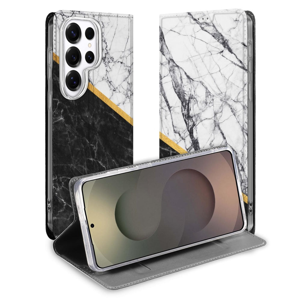Samsung Galaxy S26 Ultra Bookcase Wallet Case Marble White Black Vooraanzicht.