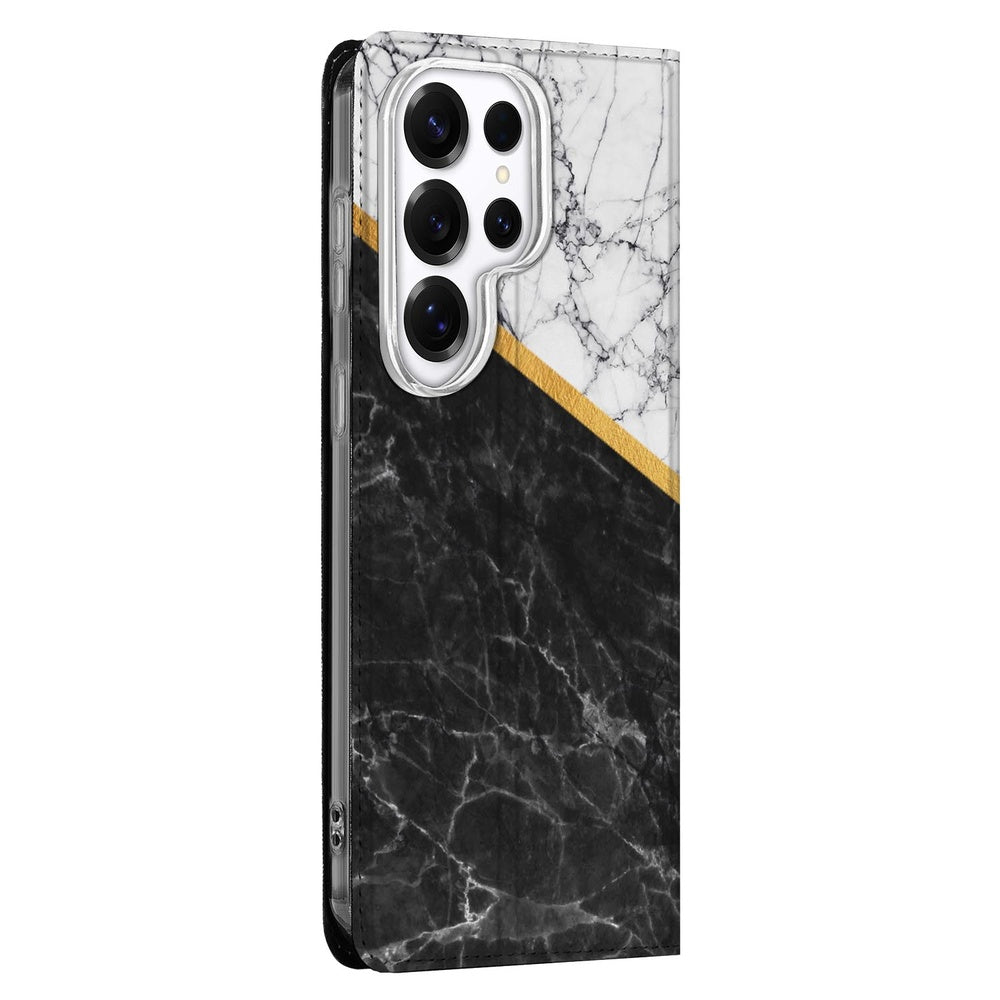Samsung Galaxy S26 Ultra Bookcase Wallet Case Marble White Black Vooraanzicht.