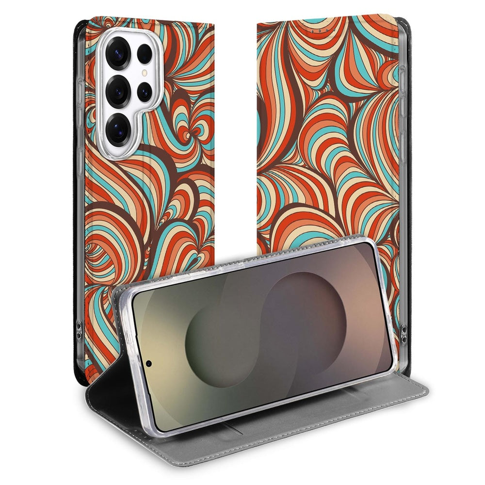 Samsung Galaxy S26 Ultra Book Case Retro kleurrijke wervelingen vooraanzicht.