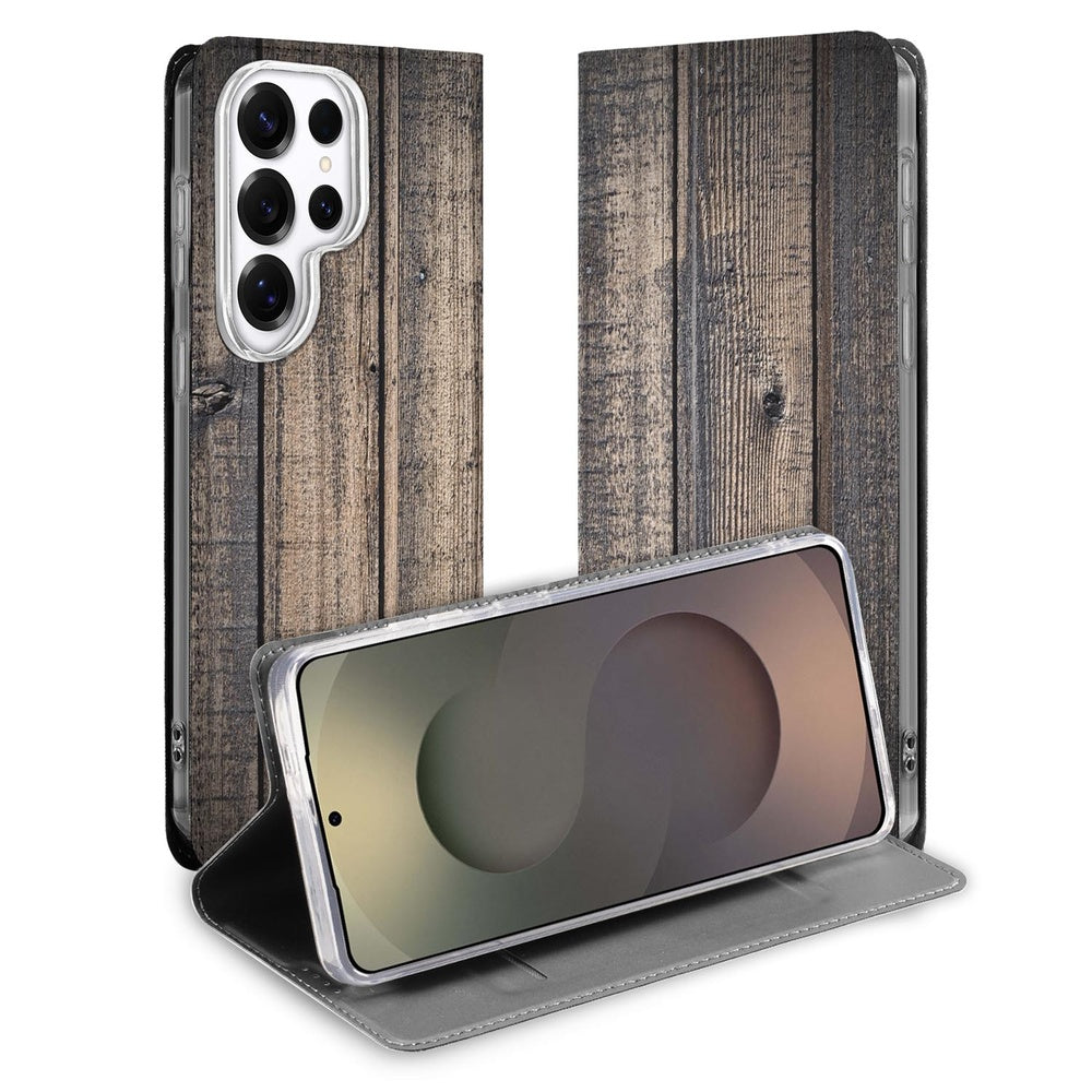 Bookcase Samsung Galaxy S26 Ultra Steigerhout Hoesje Steigerhout-Design Vooraanzicht.